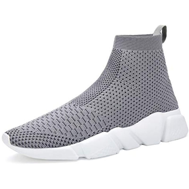 Men's Running Shoes Breathable Knit Slip On Sneakers Lightweight Athletic Shoes Casual Sports Shoes High Top Grey